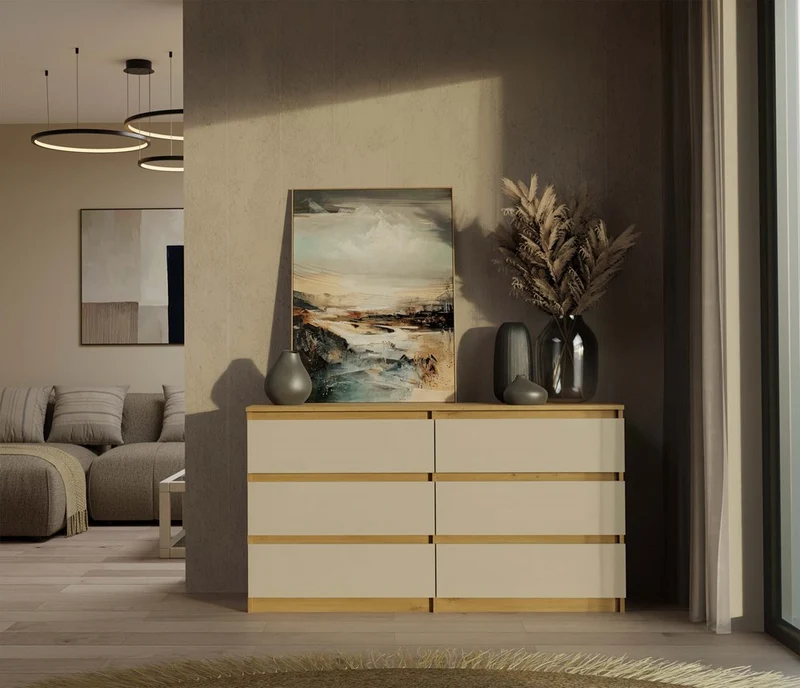 CDF Kommode Malwa M6 140 | Farbe: Eiche Artisan/Kaschmir | Schrank für Dokumente, Kleinigkeiten |6 geräumige Schubladen