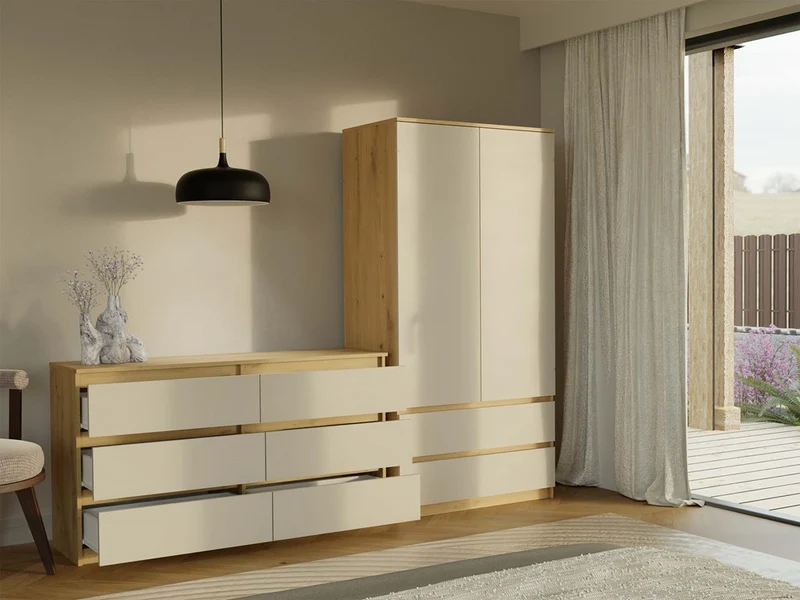 CDF Kommode Malwa M6 140 | Farbe: Eiche Artisan/Kaschmir | Schrank für Dokumente, Kleinigkeiten |6 geräumige Schubladen