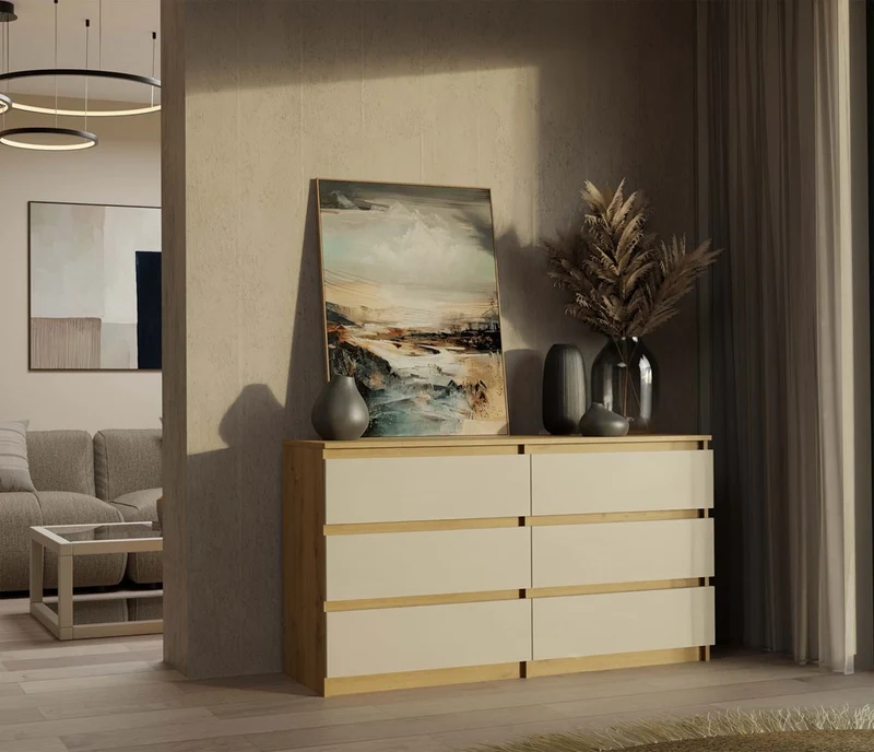 CDF Kommode Malwa M6 140 | Farbe: Eiche Artisan/Kaschmir | Schrank für Dokumente, Kleinigkeiten |6 geräumige Schubladen