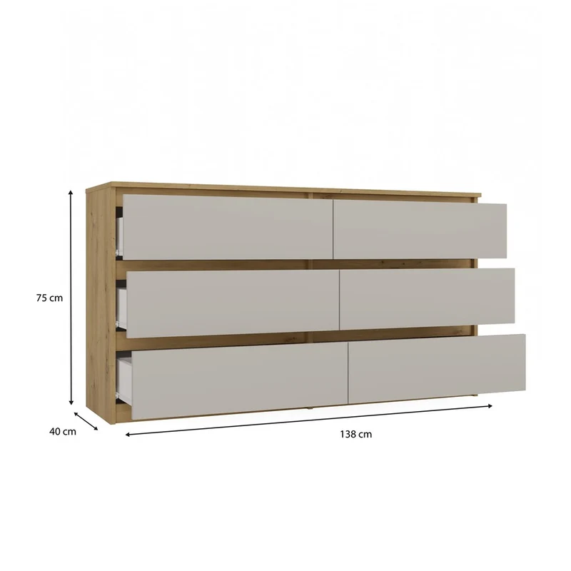 CDF Kommode Malwa M6 140 | Farbe: Eiche Artisan/Kaschmir | Schrank für Dokumente, Kleinigkeiten |6 geräumige Schubladen