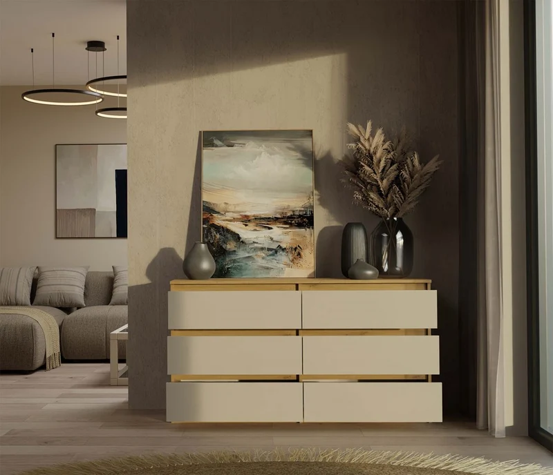 CDF Kommode Malwa M6 140 | Farbe: Eiche Artisan/Kaschmir | Schrank für Dokumente, Kleinigkeiten |6 geräumige Schubladen