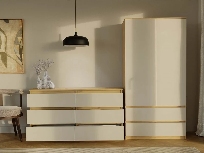 CDF Kommode Malwa M6 140 | Farbe: Eiche Artisan/Kaschmir | Schrank für Dokumente, Kleinigkeiten |6 geräumige Schubladen
