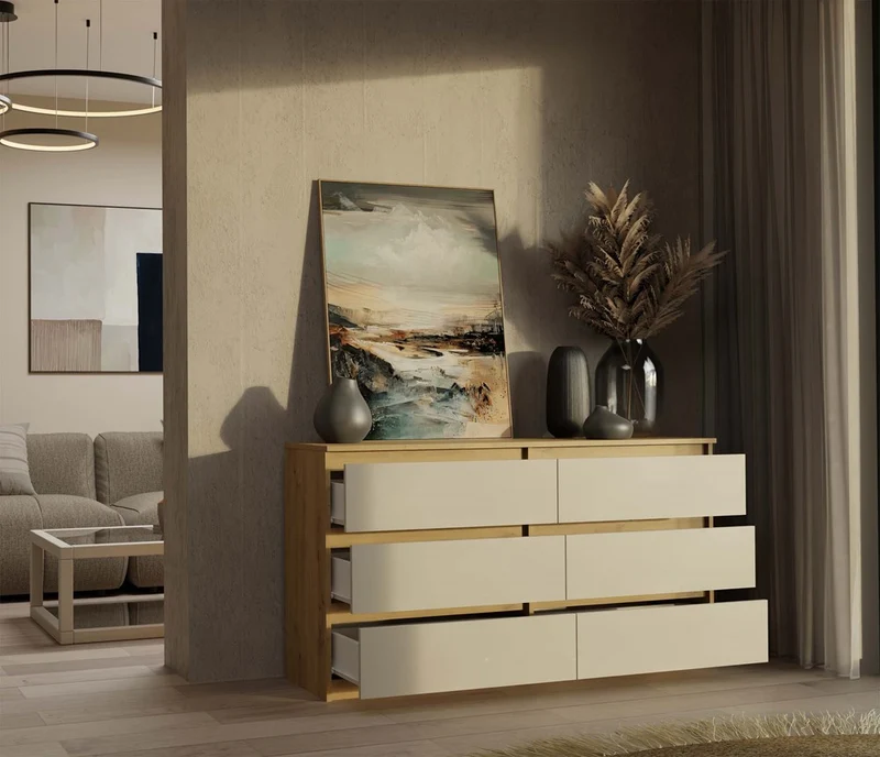 CDF Kommode Malwa M6 140 | Farbe: Eiche Artisan/Kaschmir | Schrank für Dokumente, Kleinigkeiten |6 geräumige Schubladen