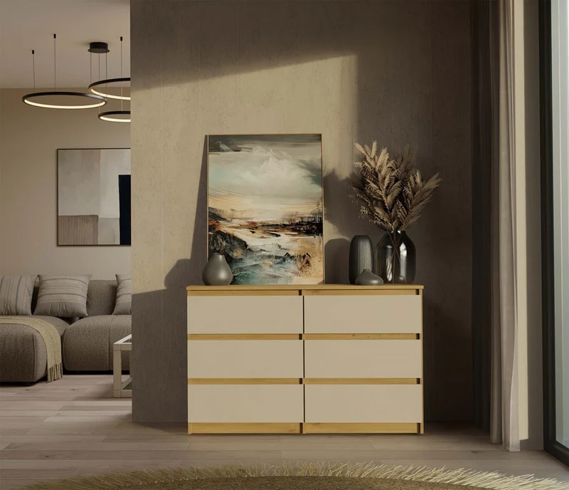 CDF Kommode Malwa M6 120 | Farbe: Eiche Artisan/Kaschmir | Schrank für Dokumente, Kleinigkeiten | 6 geräumige Schubladen