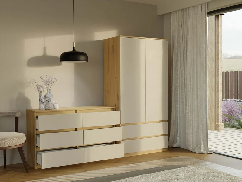 CDF Kommode Malwa M6 120 | Farbe: Eiche Artisan/Kaschmir | Schrank für Dokumente, Kleinigkeiten | 6 geräumige Schubladen