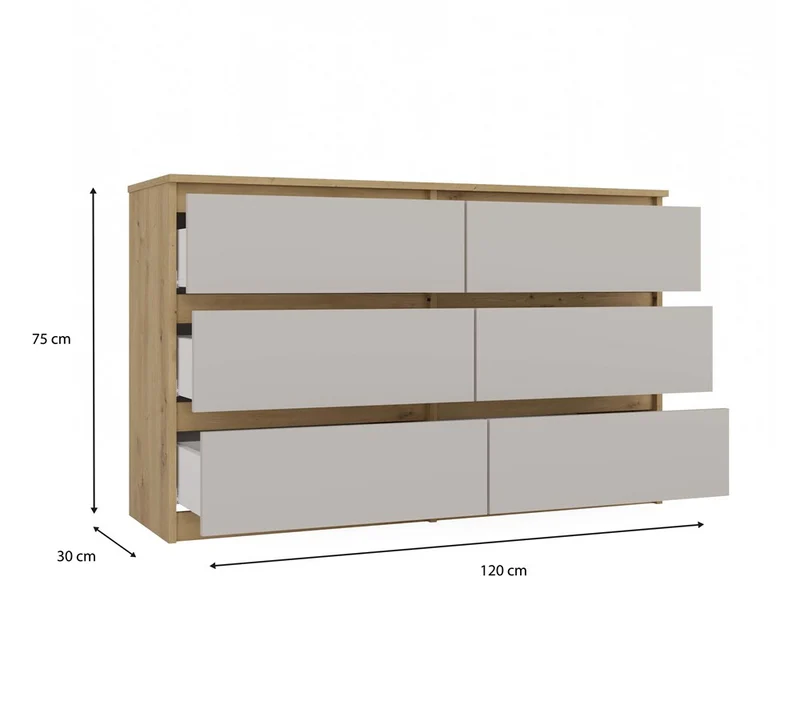 CDF Kommode Malwa M6 120 | Farbe: Eiche Artisan/Kaschmir | Schrank für Dokumente, Kleinigkeiten | 6 geräumige Schubladen