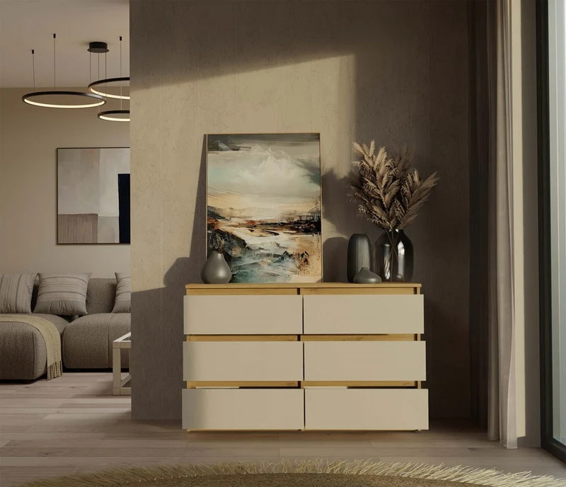 CDF Kommode Malwa M6 120 | Farbe: Eiche Artisan/Kaschmir | Schrank für Dokumente, Kleinigkeiten | 6 geräumige Schubladen