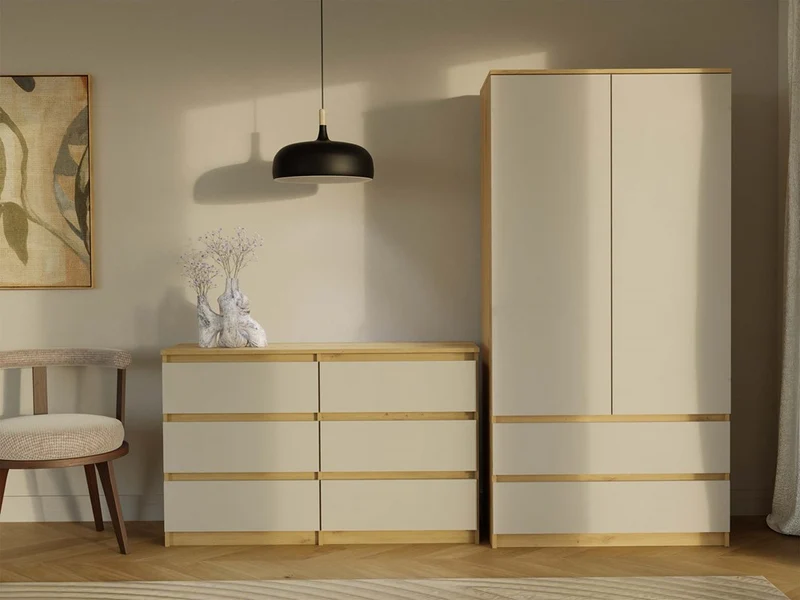 CDF Kommode Malwa M6 120 | Farbe: Eiche Artisan/Kaschmir | Schrank für Dokumente, Kleinigkeiten | 6 geräumige Schubladen