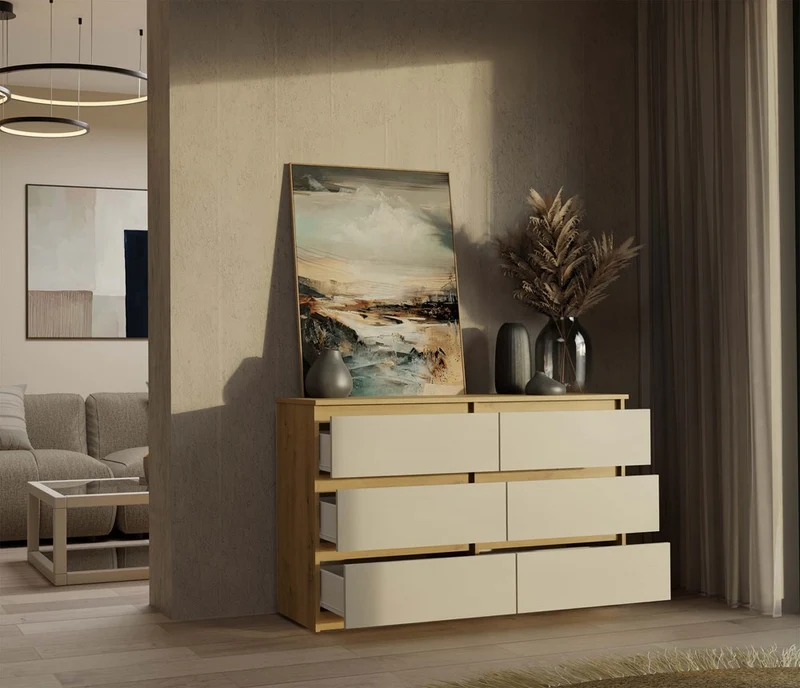 CDF Kommode Malwa M6 120 | Farbe: Eiche Artisan/Kaschmir | Schrank für Dokumente, Kleinigkeiten | 6 geräumige Schubladen
