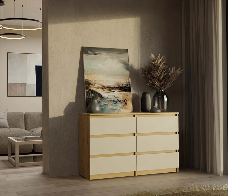 CDF Kommode Malwa M6 120 | Farbe: Eiche Artisan/Kaschmir | Schrank für Dokumente, Kleinigkeiten | 6 geräumige Schubladen