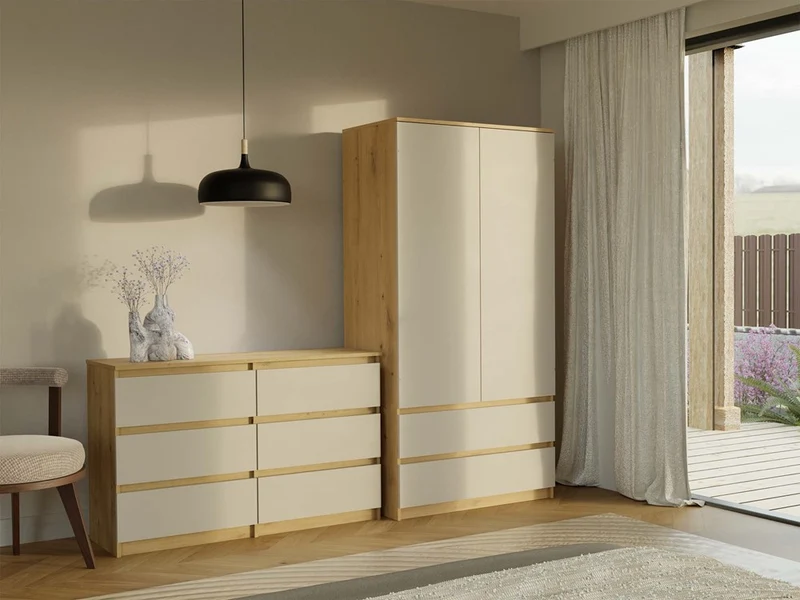 CDF Kommode Malwa M6 120 | Farbe: Eiche Artisan/Kaschmir | Schrank für Dokumente, Kleinigkeiten | 6 geräumige Schubladen