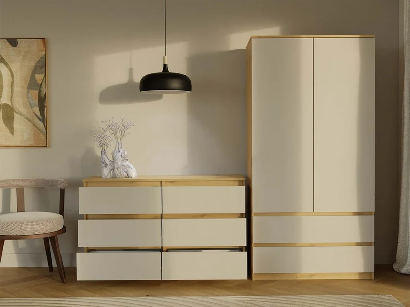 CDF Kommode Malwa M6 120 | Farbe: Eiche Artisan/Kaschmir | Schrank für Dokumente, Kleinigkeiten | 6 geräumige Schubladen