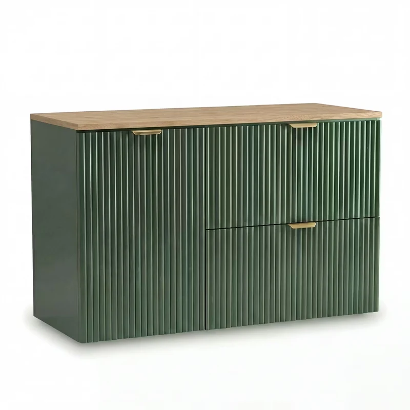 Badmöbel-Set: 100 cm Schrank mit Wäschekorb und Bad Hochschrank Willy - Salbei, Walnussplatte