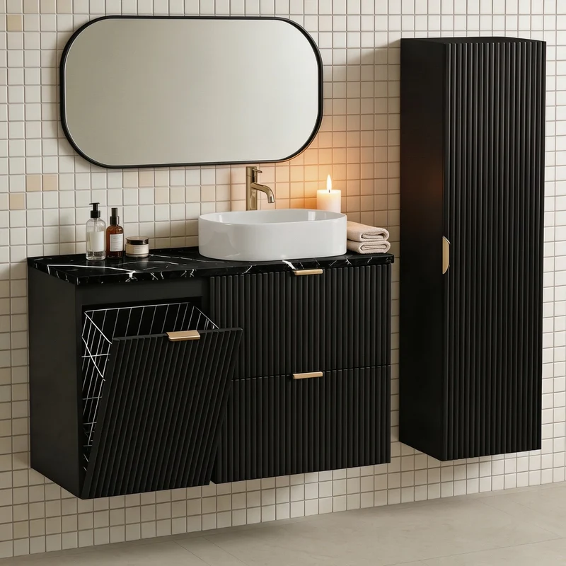 Badmöbel-Set: 100 cm Schrank mit Wäschekorb und Bad Hochschrank Willy - Schwarz, Marmor-Platte