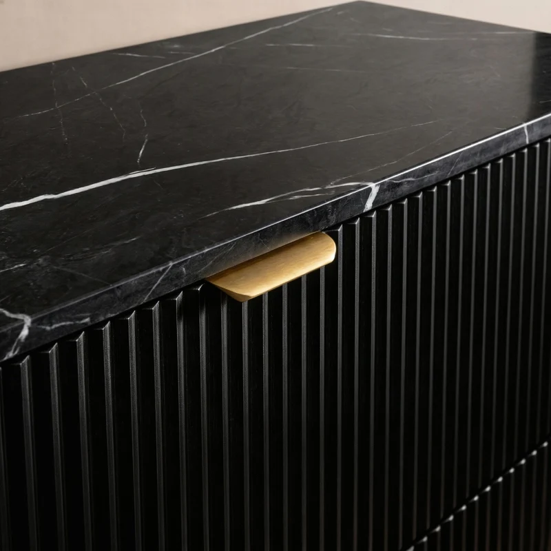 Badmöbel-Set: 100 cm Schrank mit Wäschekorb und Bad Hochschrank Willy - Schwarz, Marmor-Platte