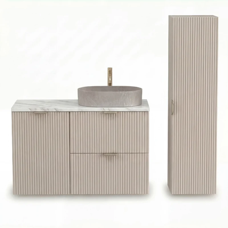 Badmöbel-Set: 100 cm Schrank mit Wäschekorb und Bad Hochschrank Willy - Kaschmir, Marmor-Platte