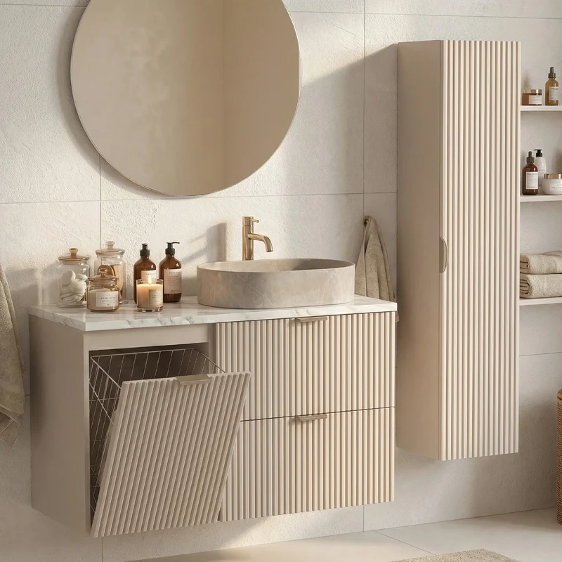Badmöbel-Set: 100 cm Schrank mit Wäschekorb und Bad Hochschrank Willy - Kaschmir, Marmor-Platte