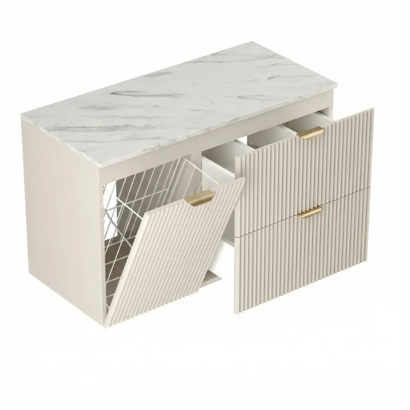 Badmöbel-Set: 100 cm Schrank mit Wäschekorb und Bad Hochschrank Willy - Kaschmir, Marmor-Platte