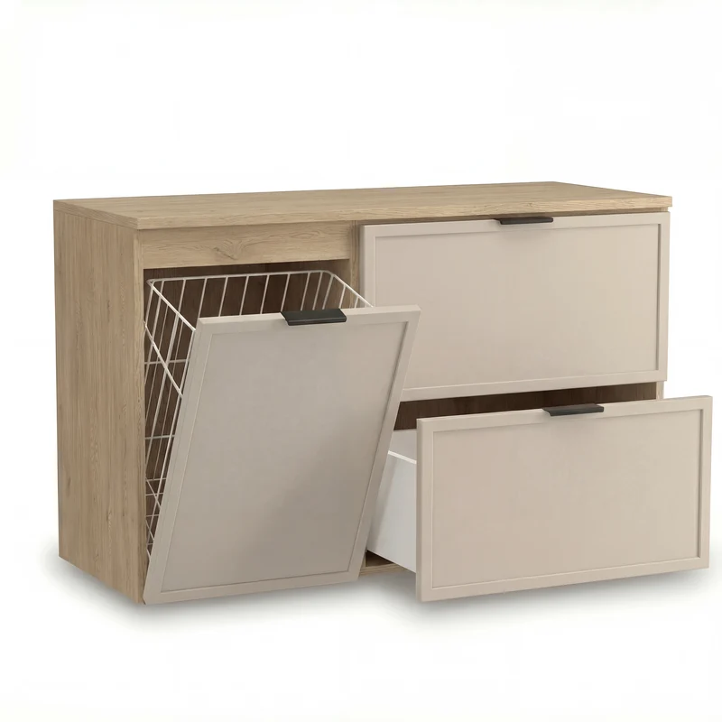 Waschtischunterschrank 100 cm mit Wäschekorb Roma - Kaschmir/Eiche Cremona