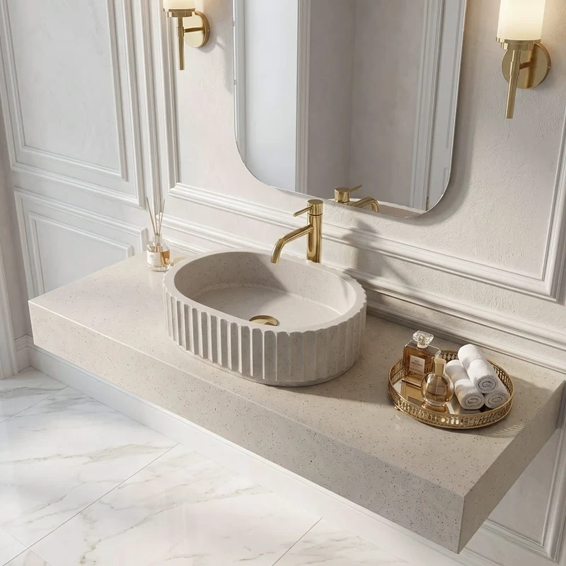 Aufsatzwaschbecken 50 cm geriffelt Margaret - Beige