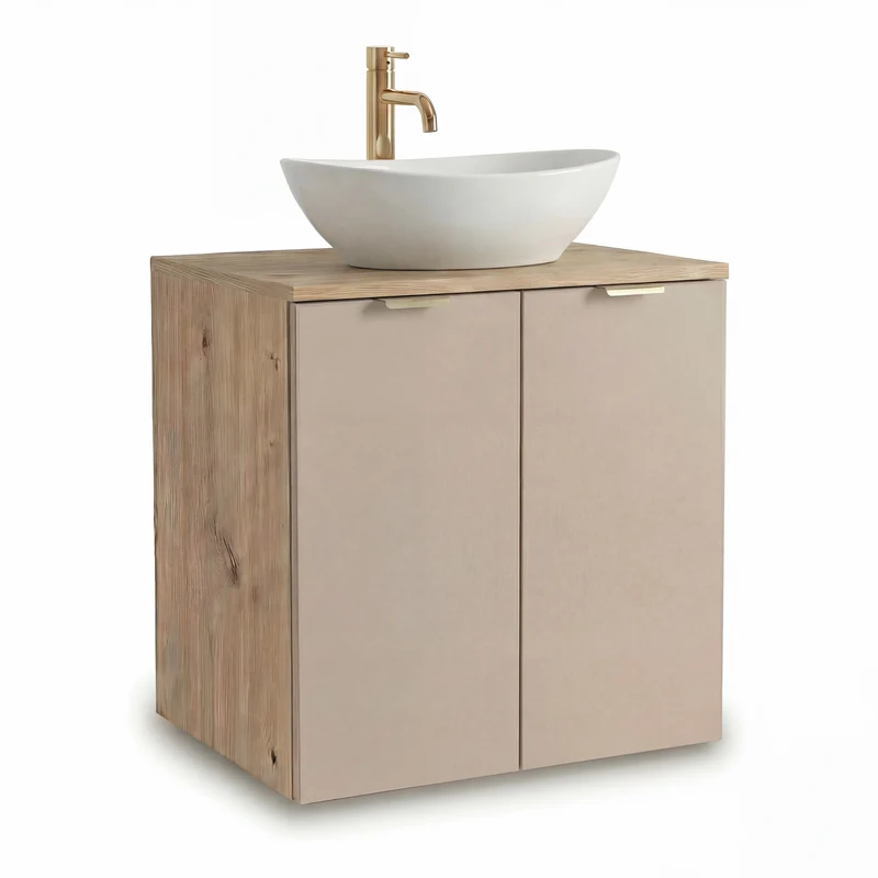 Badmöbel-Set: Waschtischunterschrank mit Türen 60 cm mit Waschbecken Orio - Kaschmir/Eiche artisan