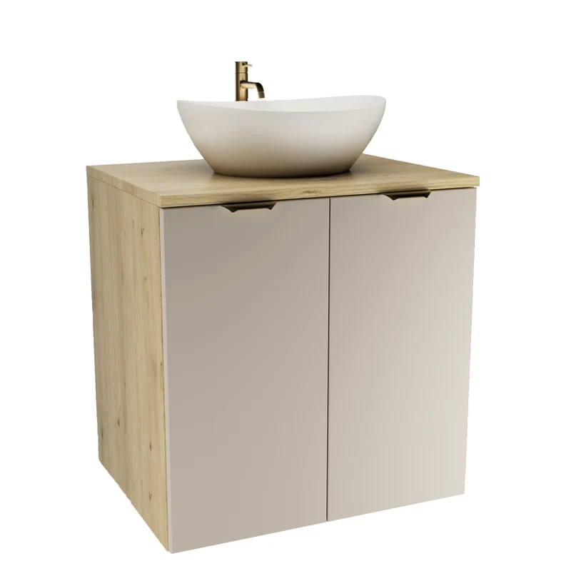 Badmöbel-Set: Waschtischunterschrank mit Türen 60 cm mit Waschbecken Orio - Kaschmir/Eiche artisan