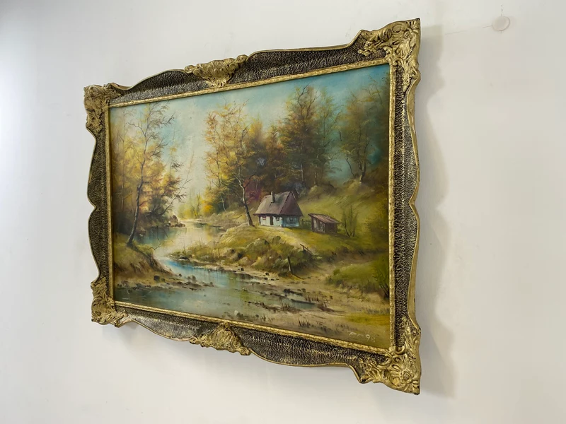 WMK Freundliches & sehr gut gemaltes Öl auf Leinwand Landschaftsgemälde, 111x80cm, signiert mit PR98, in gut erhaltenem Stuckrahmen in Gold