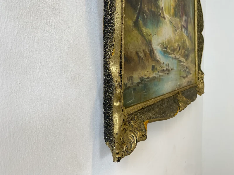 WMK Freundliches & sehr gut gemaltes Öl auf Leinwand Landschaftsgemälde, 111x80cm, signiert mit PR98, in gut erhaltenem Stuckrahmen in Gold