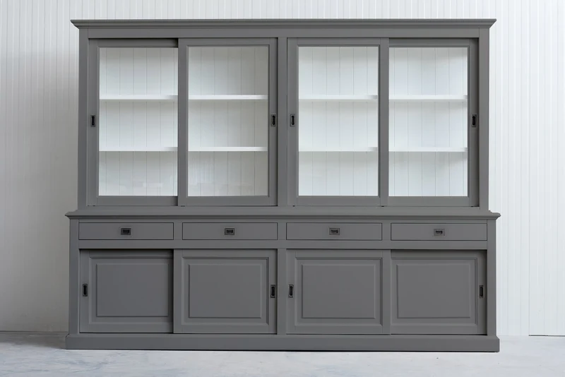 Vitrine grau Landhaus, Geschirrschrank grau-weiß Landhaus, Vitrinenschrank grau Landhausstil, Breite 300 cm