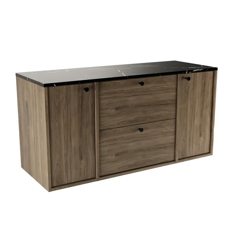 Waschtischunterschrank 120 cm mit 2 Türen und 2 Schubladen Belino - Walnuss Dunkel/Marmor Schwarz