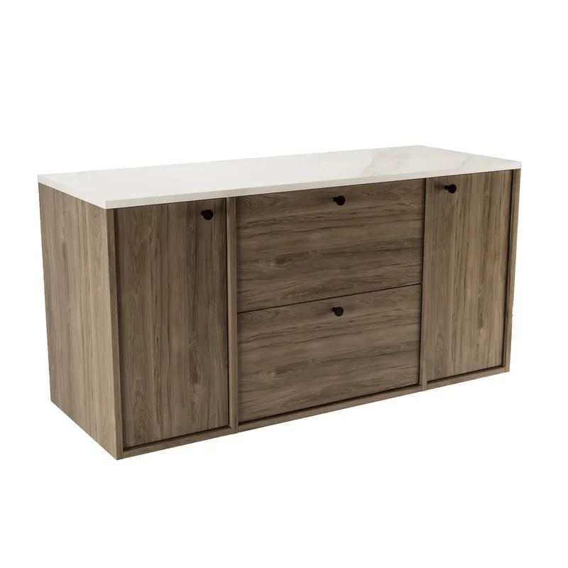 Waschtischunterschrank 120 cm mit 2 Türen und 2 Schubladen Belino - Walnuss Dunkel/Marmor Bianco