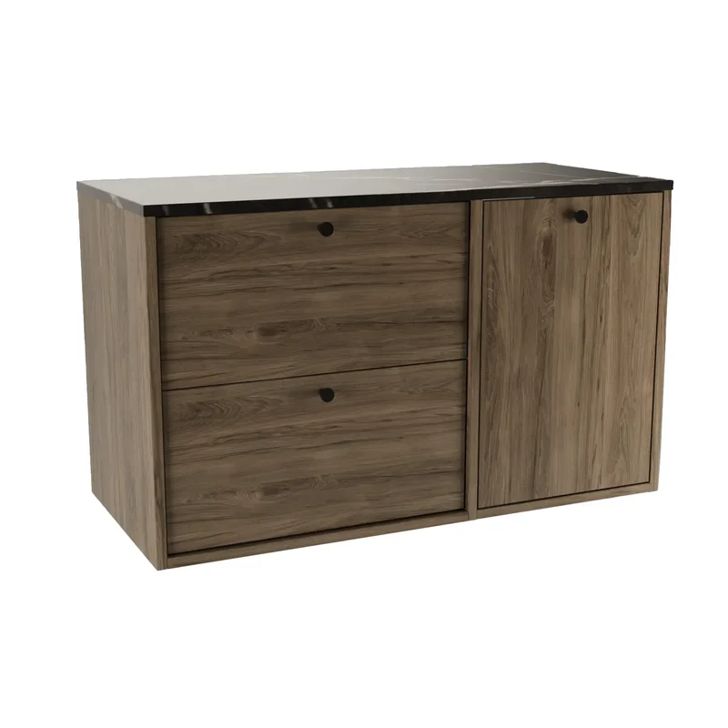 Waschtischunterschrank 100 cm mit Wäschekorb Belino - Walnuss Dunkel/Marmor Schwarz