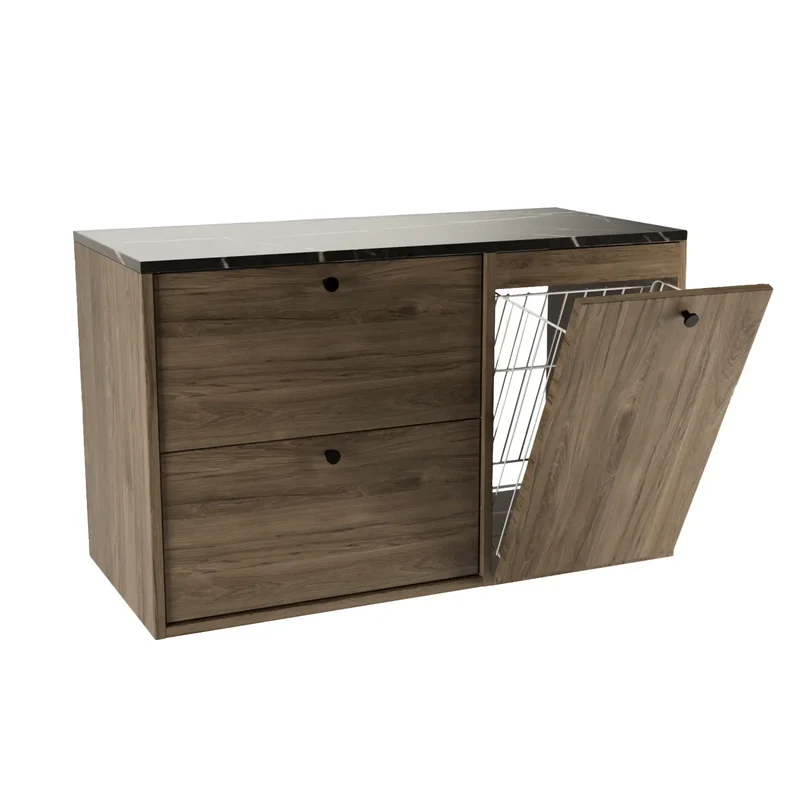 Waschtischunterschrank 100 cm mit Wäschekorb Belino - Walnuss Dunkel/Marmor Schwarz