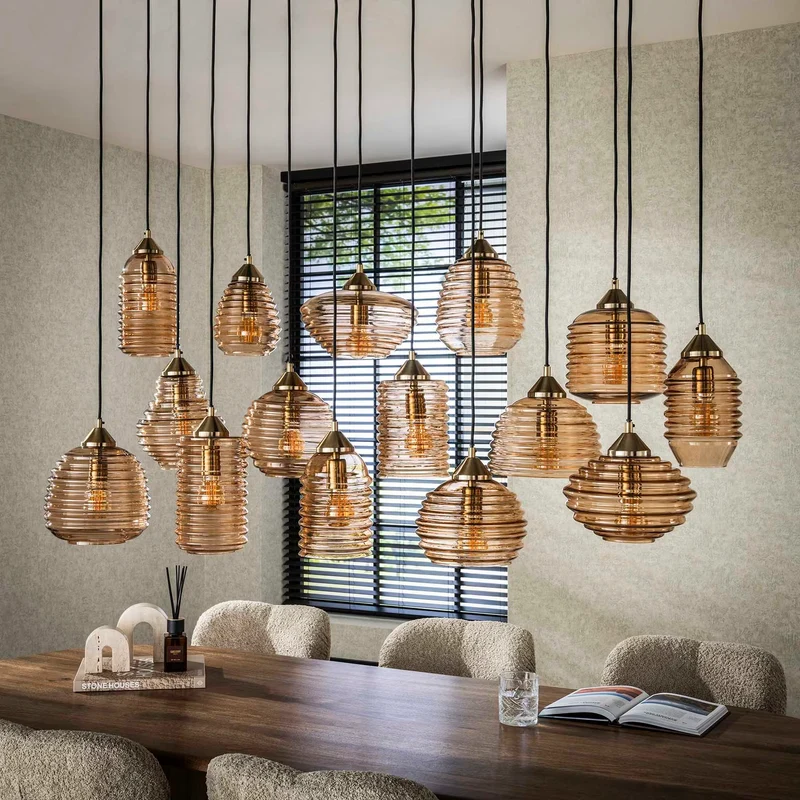 Pendelleuchte Glas, Hängelampe Glas braun, Hängeleuchte 15 Flammig, Breite 150 cm