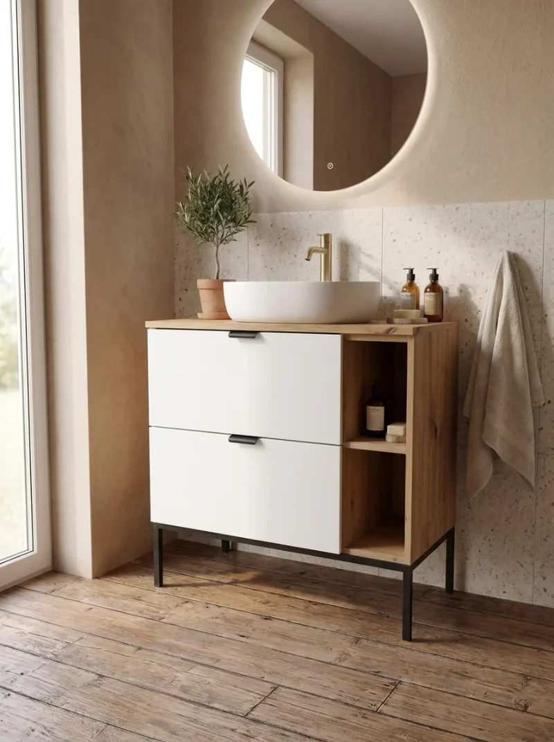 Waschtischunterschrank mit Regal 80 cm auf einem Metallgestell Orio - Weiß/Eiche artisan
