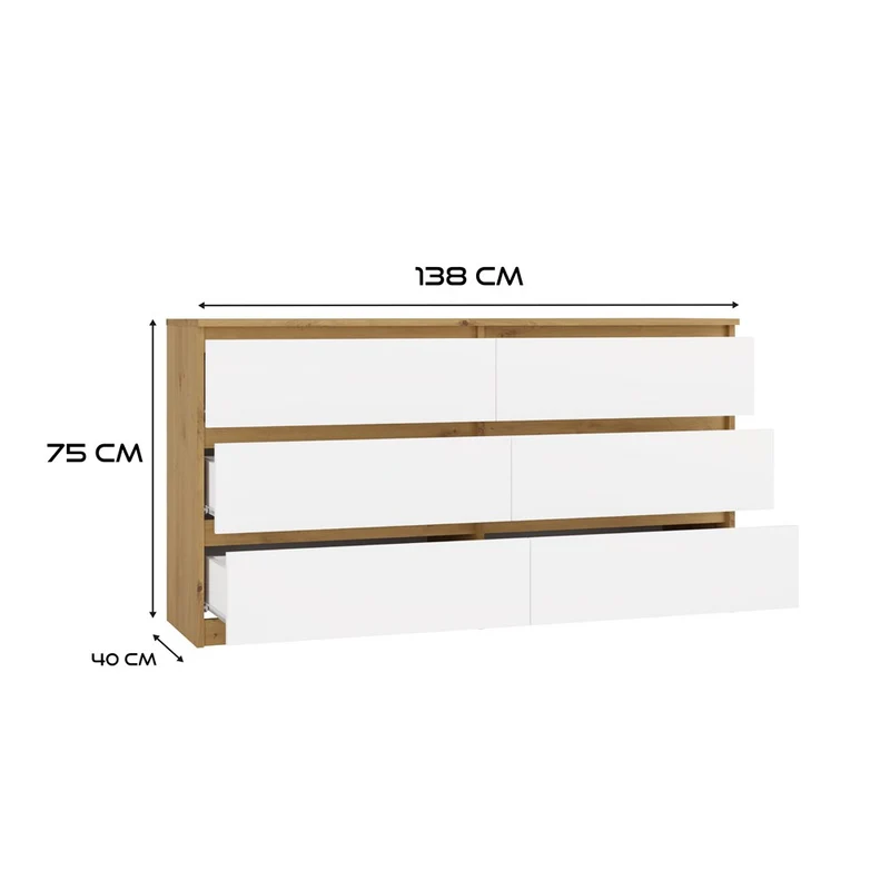 Kommode Malwa M6 140 | Farbe: Eiche Artisan/Weiß | Schrank für Dokumente, Kleinigkeiten | Ideal für Wohnzimmer, Schlafzimmer, Kinderzimmer, Jugendzimmer und Büro | 6 geräumige Schubladen