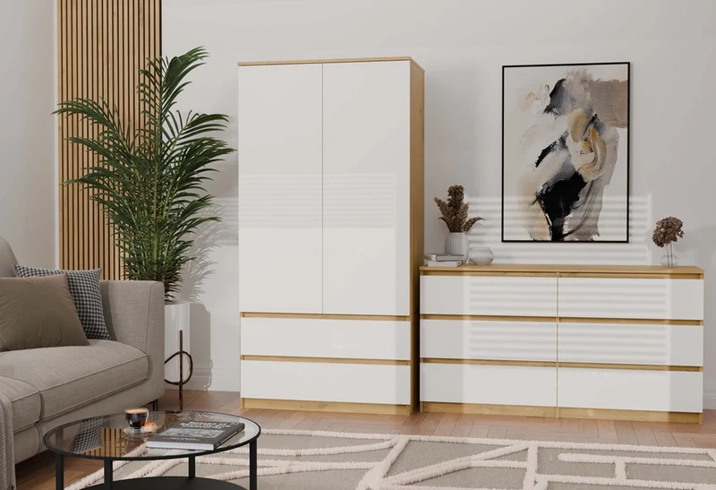 Kommode Malwa M6 140 | Farbe: Eiche Artisan/Weiß | Schrank für Dokumente, Kleinigkeiten | Ideal für Wohnzimmer, Schlafzimmer, Kinderzimmer, Jugendzimmer und Büro | 6 geräumige Schubladen