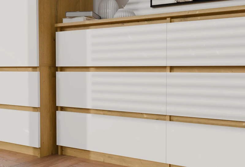 Kommode Malwa M6 140 | Farbe: Eiche Artisan/Weiß | Schrank für Dokumente, Kleinigkeiten | Ideal für Wohnzimmer, Schlafzimmer, Kinderzimmer, Jugendzimmer und Büro | 6 geräumige Schubladen