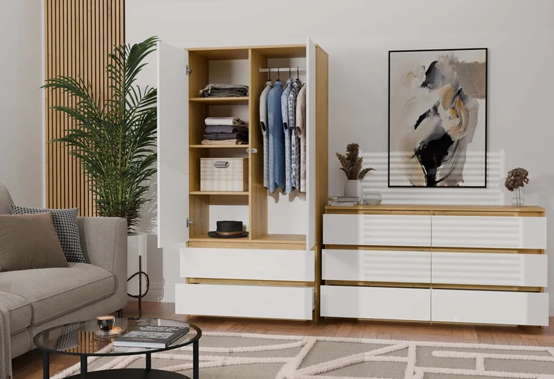 Kommode Malwa M6 140 | Farbe: Eiche Artisan/Weiß | Schrank für Dokumente, Kleinigkeiten | Ideal für Wohnzimmer, Schlafzimmer, Kinderzimmer, Jugendzimmer und Büro | 6 geräumige Schubladen