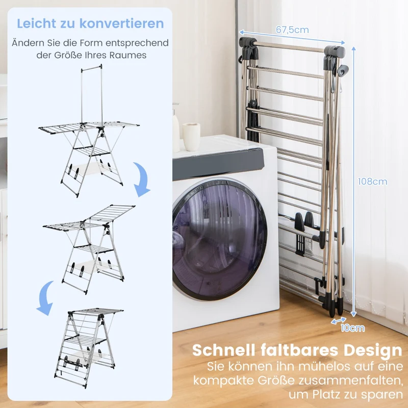 Costway – Klappbarer 3-stufiger Wäscheständer mit höhenverstellbaren Flügeln, Clips und 4 Schuhhaltern, bis 36 kg