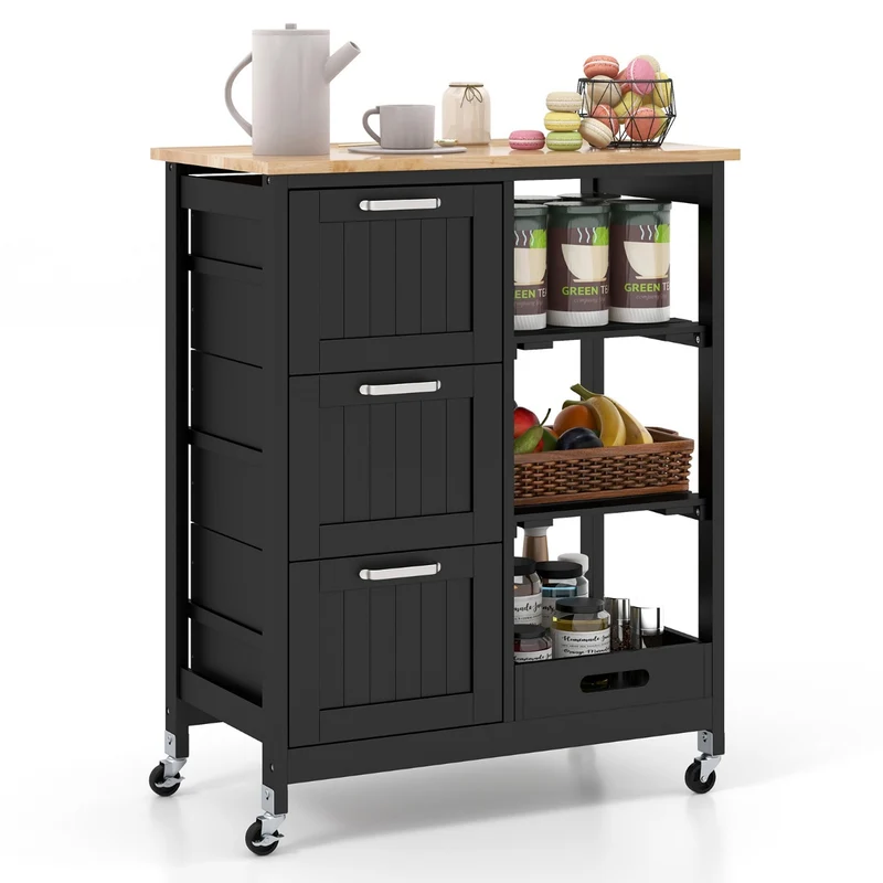 Costway – Küchenwagen auf Rollen mit Arbeitsplatte, 3 Schubladen, Tablett und 2 Ablagen, 67 × 37 × 84 cm, Schwarz