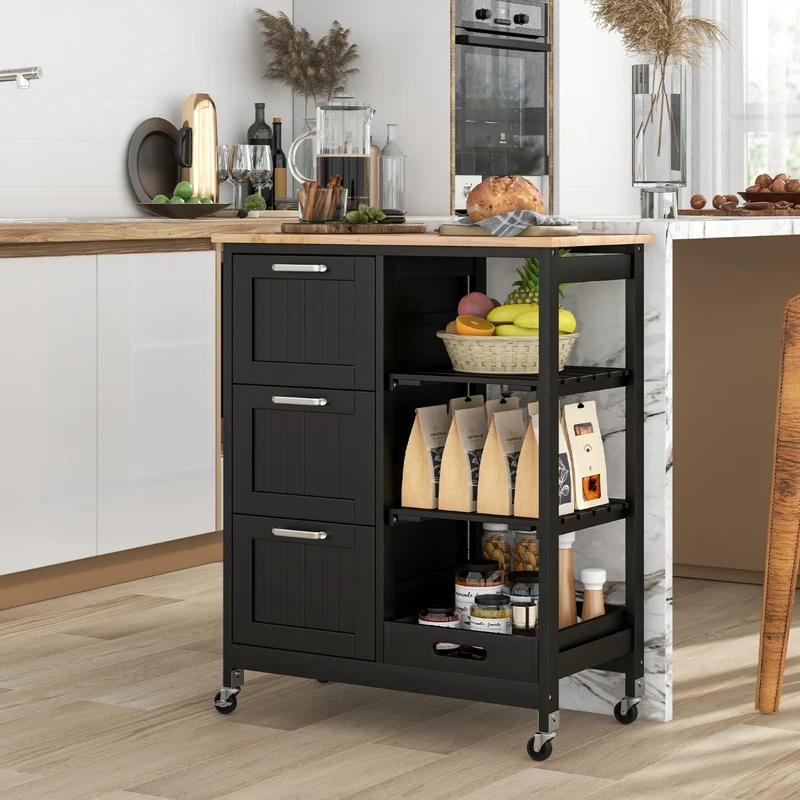 Costway – Küchenwagen auf Rollen mit Arbeitsplatte, 3 Schubladen, Tablett und 2 Ablagen, 67 × 37 × 84 cm, Schwarz