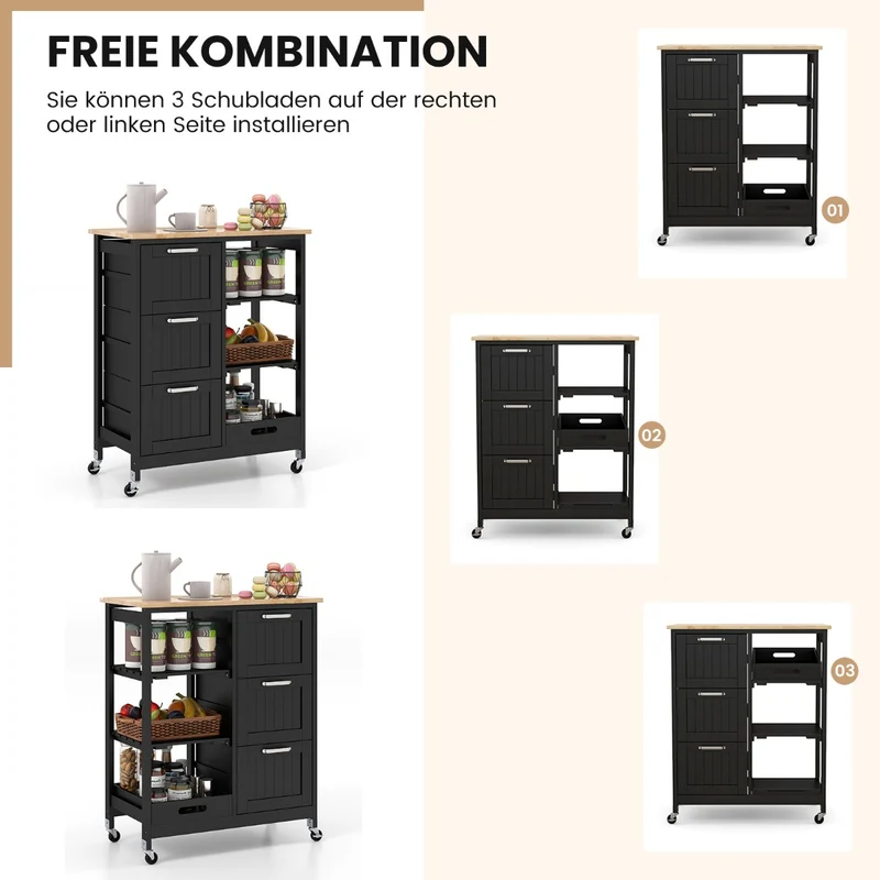 Costway – Küchenwagen auf Rollen mit Arbeitsplatte, 3 Schubladen, Tablett und 2 Ablagen, 67 × 37 × 84 cm, Schwarz