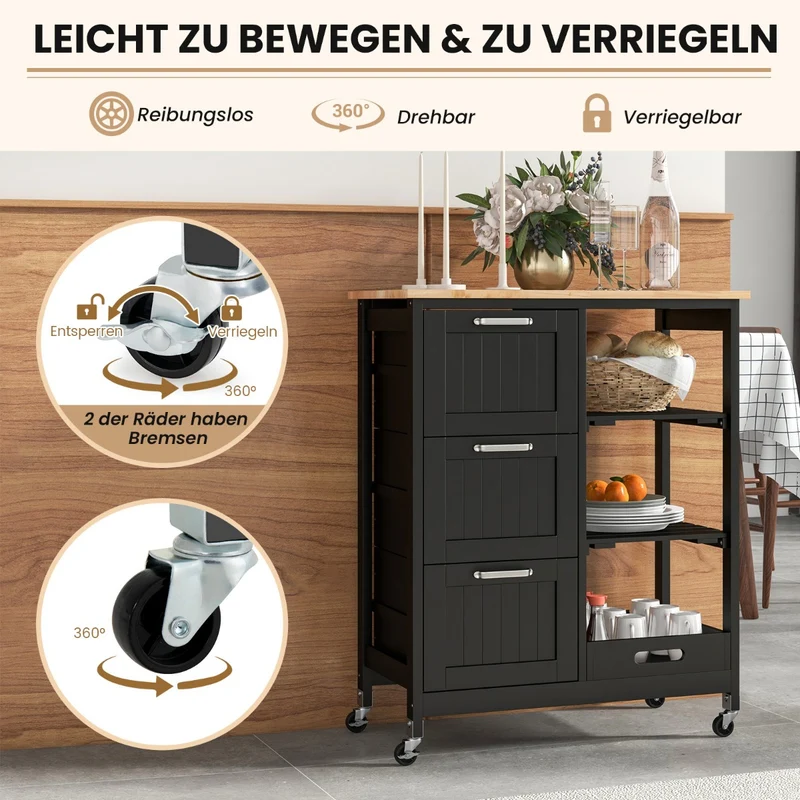 Costway – Küchenwagen auf Rollen mit Arbeitsplatte, 3 Schubladen, Tablett und 2 Ablagen, 67 × 37 × 84 cm, Schwarz