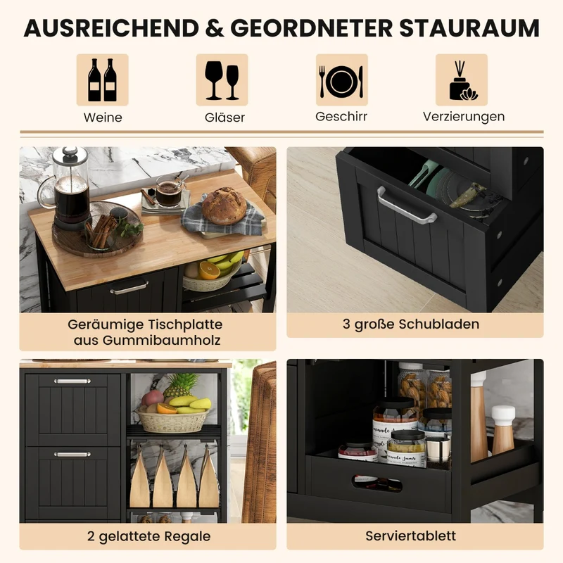 Costway – Küchenwagen auf Rollen mit Arbeitsplatte, 3 Schubladen, Tablett und 2 Ablagen, 67 × 37 × 84 cm, Schwarz