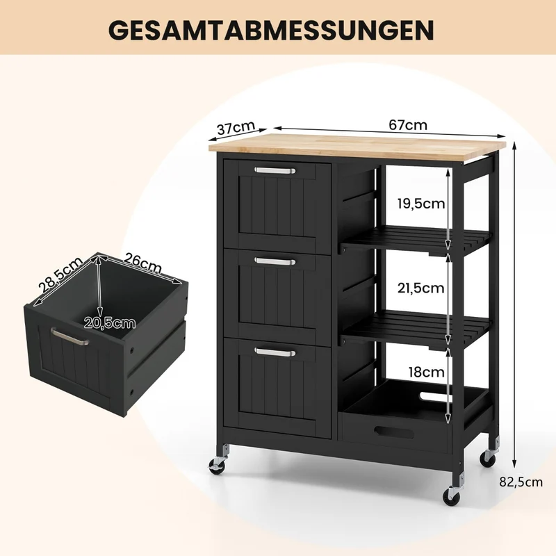 Costway – Küchenwagen auf Rollen mit Arbeitsplatte, 3 Schubladen, Tablett und 2 Ablagen, 67 × 37 × 84 cm, Schwarz