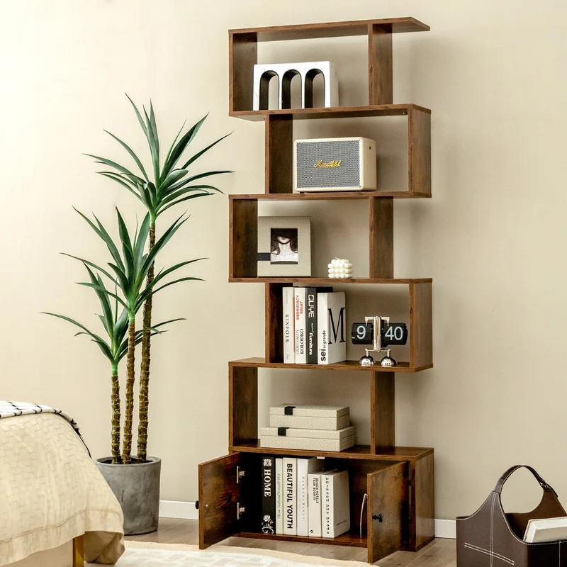 Costway - Bücherregal, Bücherregal 5 Ebenen, mit Türen, Standregal, aus Holz, 183 x 70 x 23 cm, Raumteiler Braun