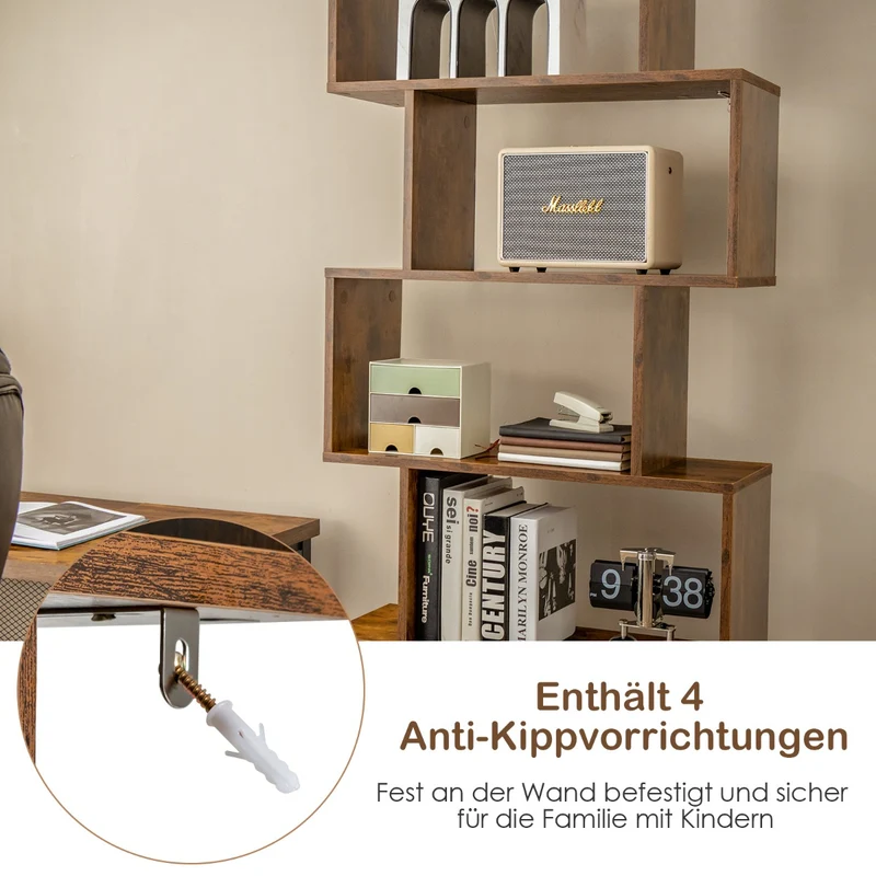 Costway - Bücherregal, Bücherregal 5 Ebenen, mit Türen, Standregal, aus Holz, 183 x 70 x 23 cm, Raumteiler Braun