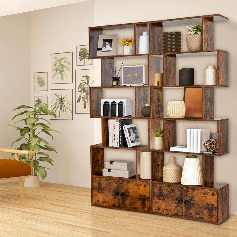 Costway - Bücherregal, Bücherregal 5 Ebenen, mit Türen, Standregal, aus Holz, 183 x 70 x 23 cm, Raumteiler Braun