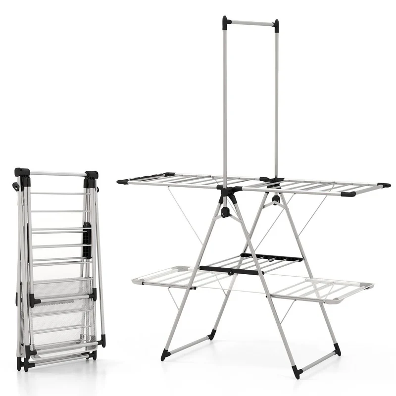 Costway - Wäscheständer, mit Kleiderstange, 2-stufiger, Höhenverstellbare Flügel, Wäscheständer Balkon, Edelstahl, Wäscheständer Stabil, Silber